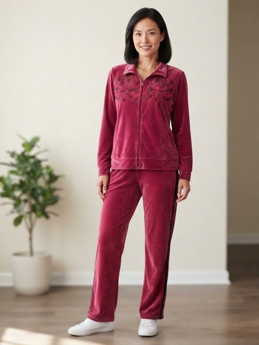 Bend Over  Velvet Zip-Front Jacket and Pant Set - Raspberry